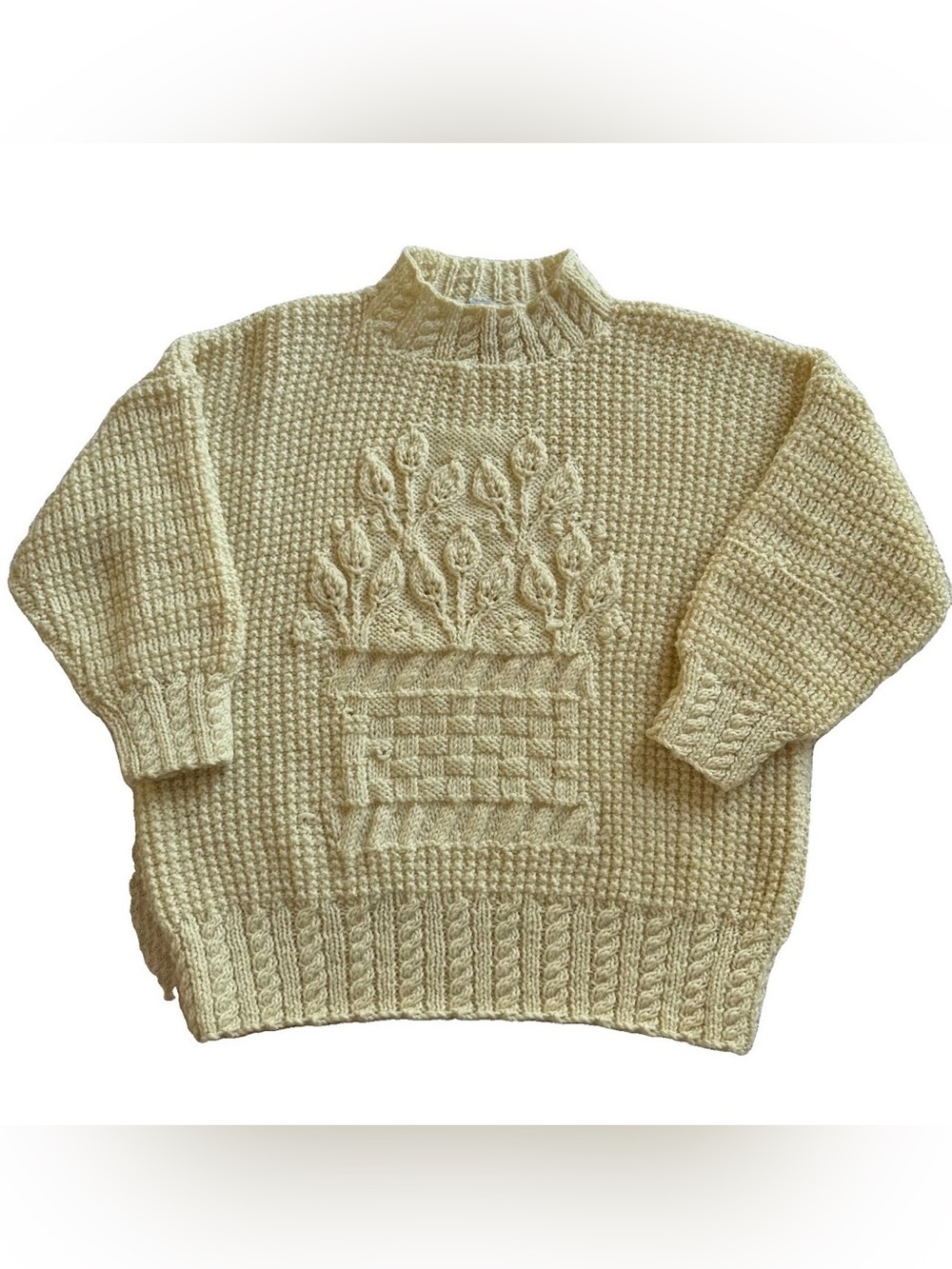 Vtg Sheleen of Dublin Handknit Wool Aran Sweater L Irish Floral 3D Tulip Basket